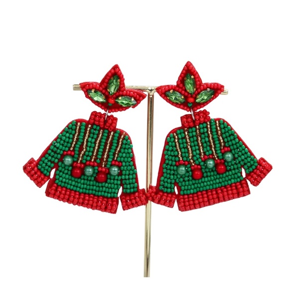 Holiday Beaded Sweater Earrings – Red & Green Christmas Statement Jewelry - Picture 2 of 2